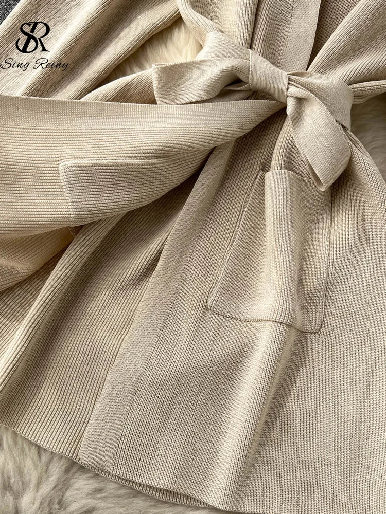 SINGREINY Winter Casual Knit Two-Piece Set: Long-Sleeve Cardigan Coat + Elastic-Waist Wide-Leg Pants, Women's Loose Sweater Set