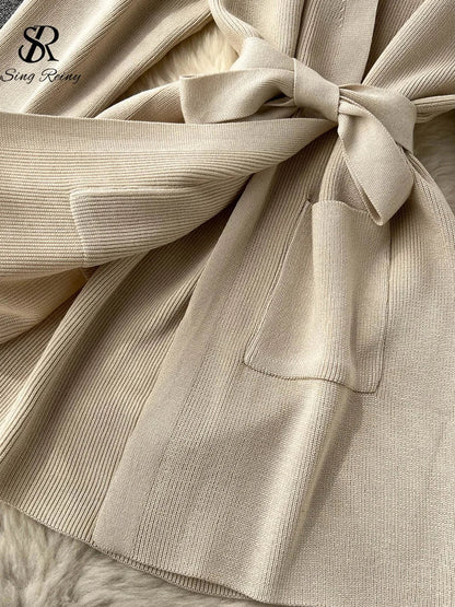 SINGREINY Winter Casual Knit Two-Piece Set: Long-Sleeve Cardigan Coat + Elastic-Waist Wide-Leg Pants, Women's Loose Sweater Set