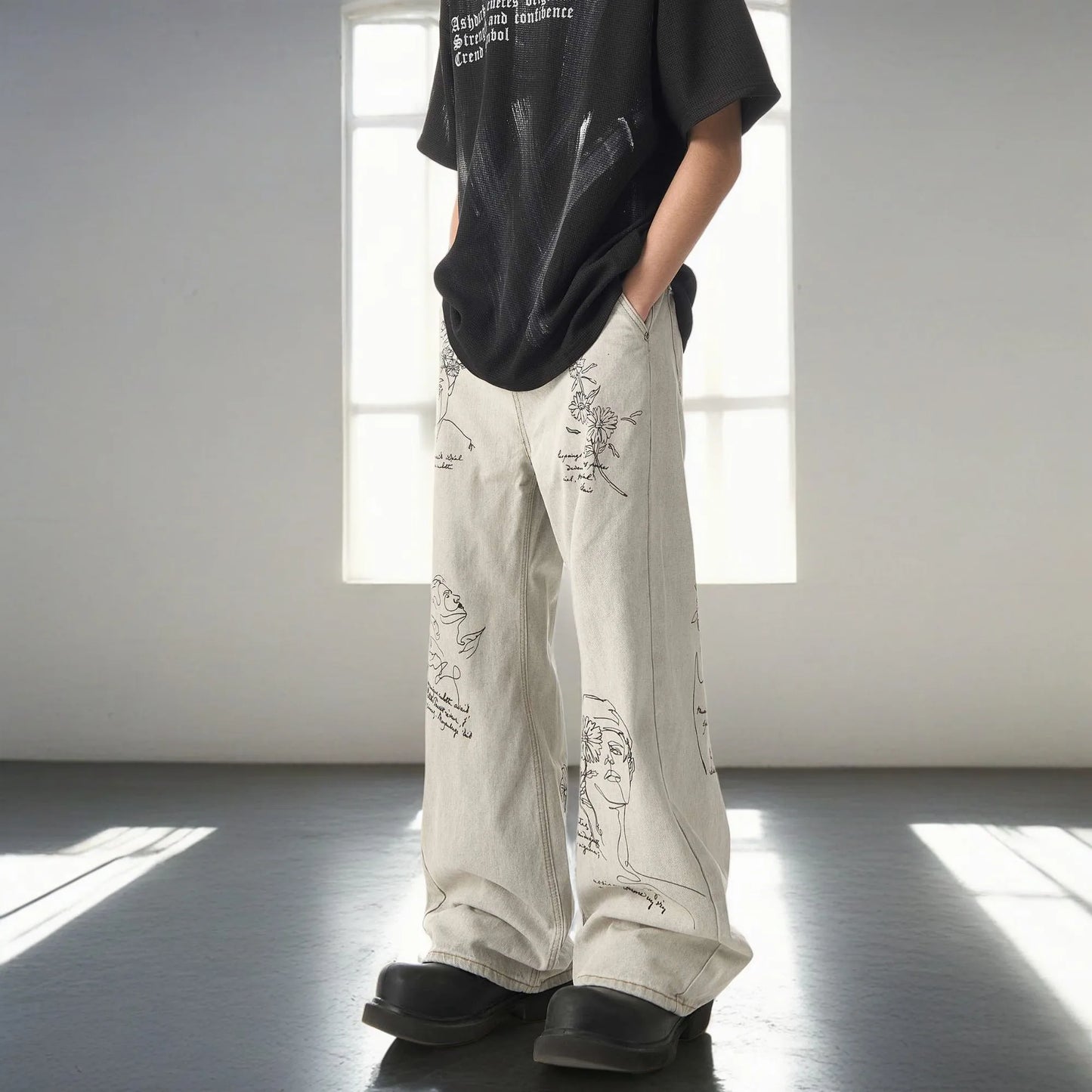 2024 Y2K Men's Jeans - Embroidered Washed Baggy Denim, Printed Straight Wide-Leg Streetwear Pants