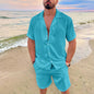 Men's Hawaiian Summer Polo Shirt & Shorts 2-Piece Set - Cotton-Linen Blend, Solid, Short-Sleeve