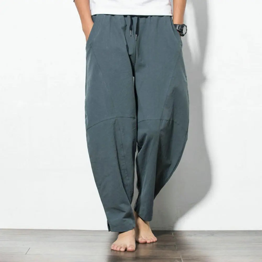Men's Cotton-Linen Harem Pants - Loose, Casual Fit, Solid Color Trousers, Chinese Style