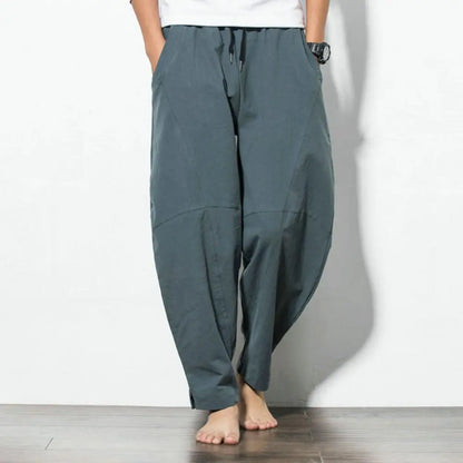 Men's Cotton-Linen Harem Pants - Loose, Casual Fit, Solid Color Trousers, Chinese Style