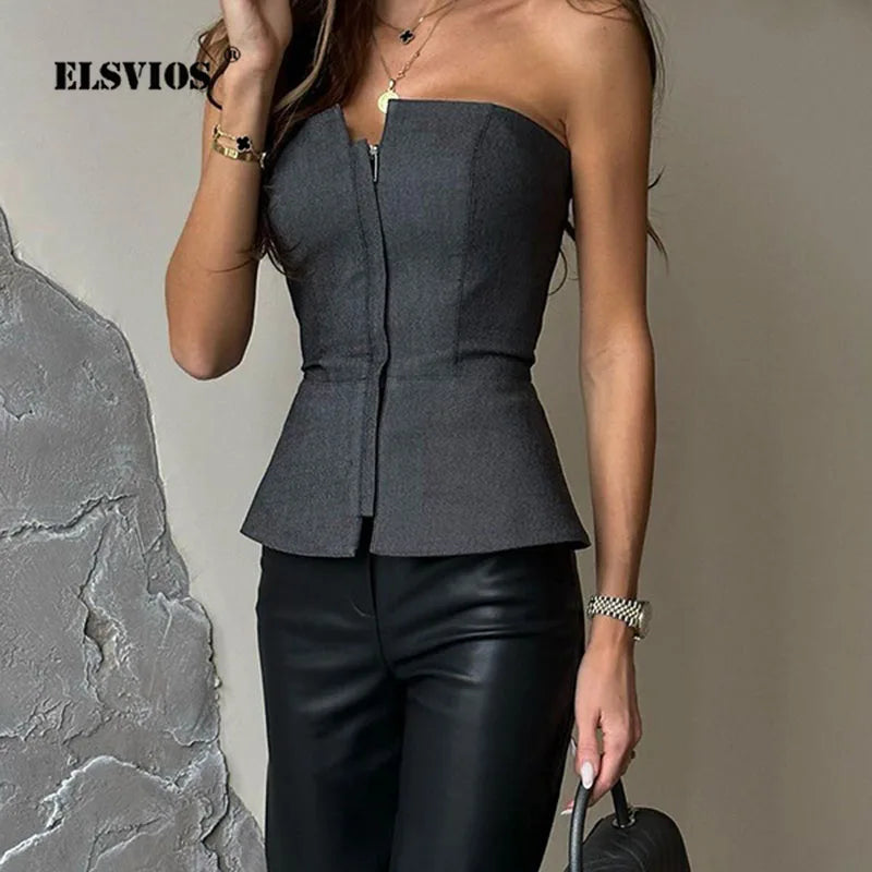 Spring/Summer Sexy Off-Shoulder Sleeveless Blouse Set – Slim Fit, Solid Color Zipper Cardigans & Elegant Cropped Tank Tops, INS Fashion