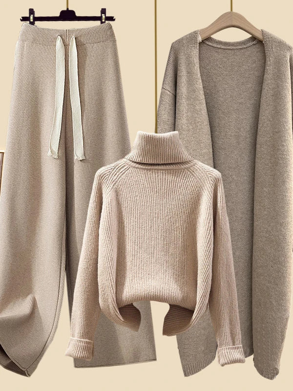 Cozy Autumn/Winter Knitwear Set for Women – Elegant Turtleneck Sweater, Long Cardigan Jacket & Wide-Leg Pants, 2023