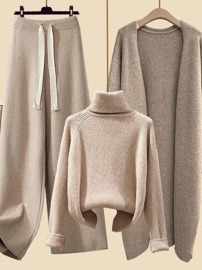 Cozy Autumn/Winter Knitwear Set for Women – Elegant Turtleneck Sweater, Long Cardigan Jacket & Wide-Leg Pants, 2023