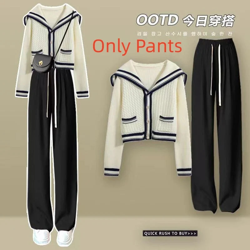 2024 New Spring Knit Set for Women - Preppy Sailor Collar Cardigan with Elastic Wide-Leg Pants, Long-Sleeve Korean Tracksuit