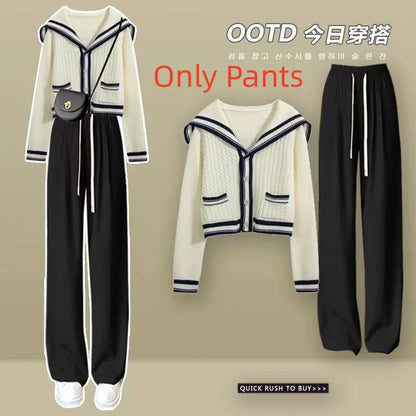 2024 New Spring Knit Set for Women - Preppy Sailor Collar Cardigan with Elastic Wide-Leg Pants, Long-Sleeve Korean Tracksuit