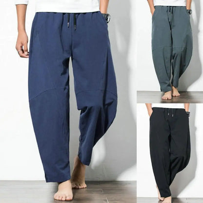 Men's Cotton-Linen Harem Pants - Loose, Casual Fit, Solid Color Trousers, Chinese Style