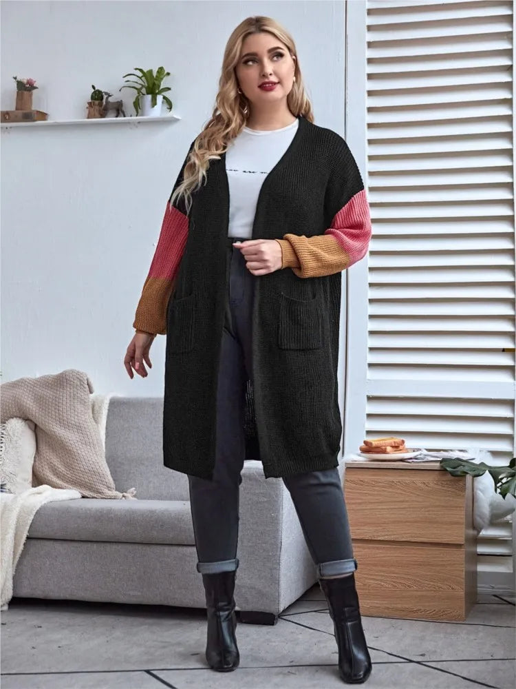 Plus Size Midi Knitted Cardigan for Women - Autumn Winter Patchwork Colour-Block Sweater, Casual Ladies Cardigan 2023