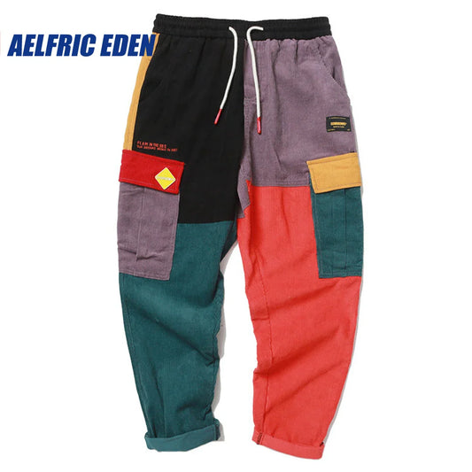Back to the 90s Patchwork Corduroy Pants - Color-Block Vintage Cargo Harem Joggers for Streetwear Harajuku Style