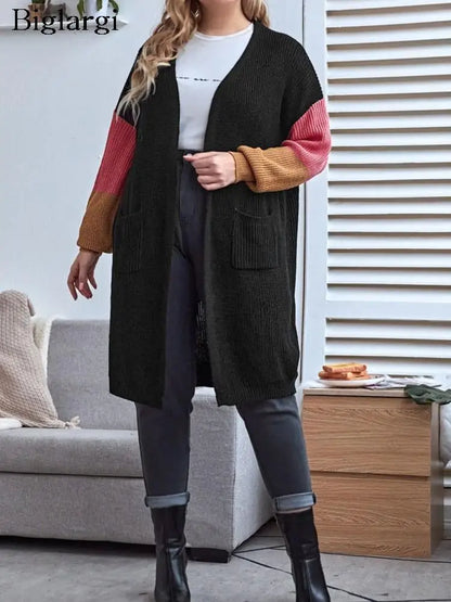 Plus Size Midi Knitted Cardigan for Women - Autumn Winter Patchwork Colour-Block Sweater, Casual Ladies Cardigan 2023