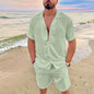 Men's Hawaiian Summer Polo Shirt & Shorts 2-Piece Set - Cotton-Linen Blend, Solid, Short-Sleeve
