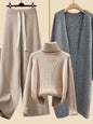 Cozy Autumn/Winter Knitwear Set for Women – Elegant Turtleneck Sweater, Long Cardigan Jacket & Wide-Leg Pants, 2023