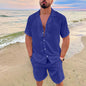 Men's Hawaiian Summer Polo Shirt & Shorts 2-Piece Set - Cotton-Linen Blend, Solid, Short-Sleeve