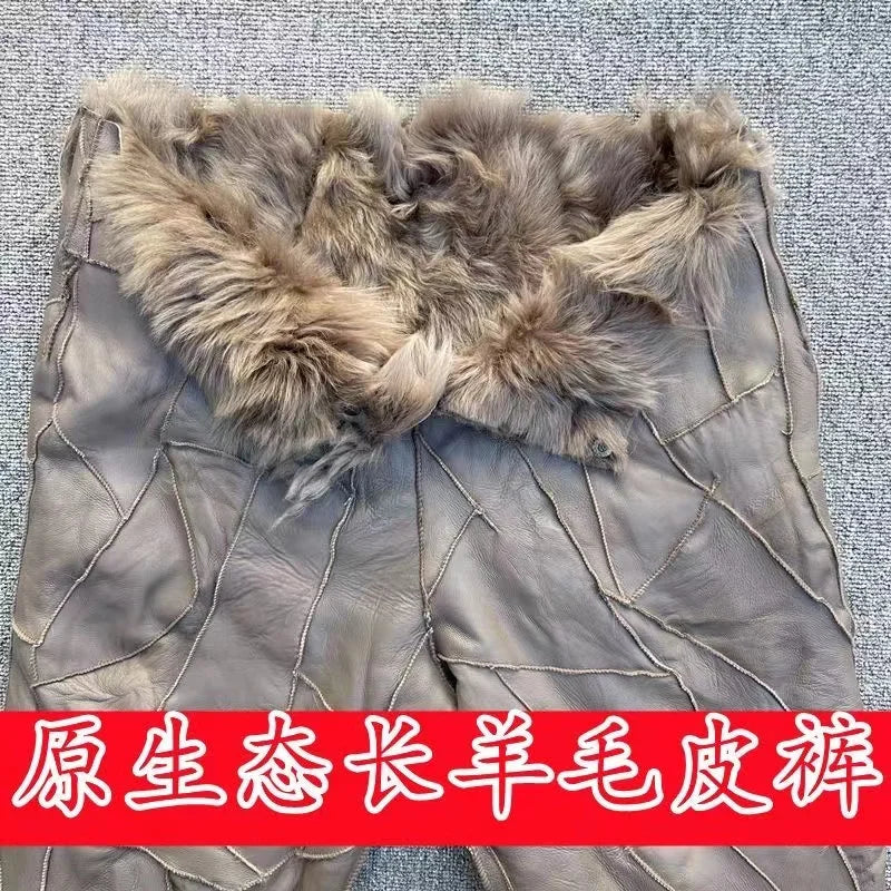Pure Sheepskin Leather Pants with Thick Plush Lining - High-Waist Winter Trousers for Men and Women, Classic Style