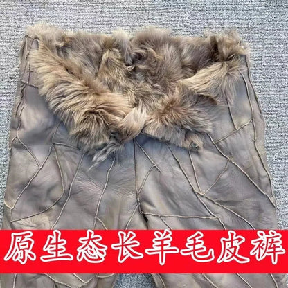 Pure Sheepskin Leather Pants with Thick Plush Lining - High-Waist Winter Trousers for Men and Women, Classic Style