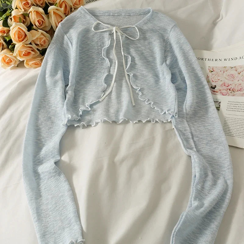 Women's Frenum Cardigan Blouses & Tops — Bow Lace-Up Long Sleeve Crop Top, Elegant Thin Aesthetic Shirt, Korean Style