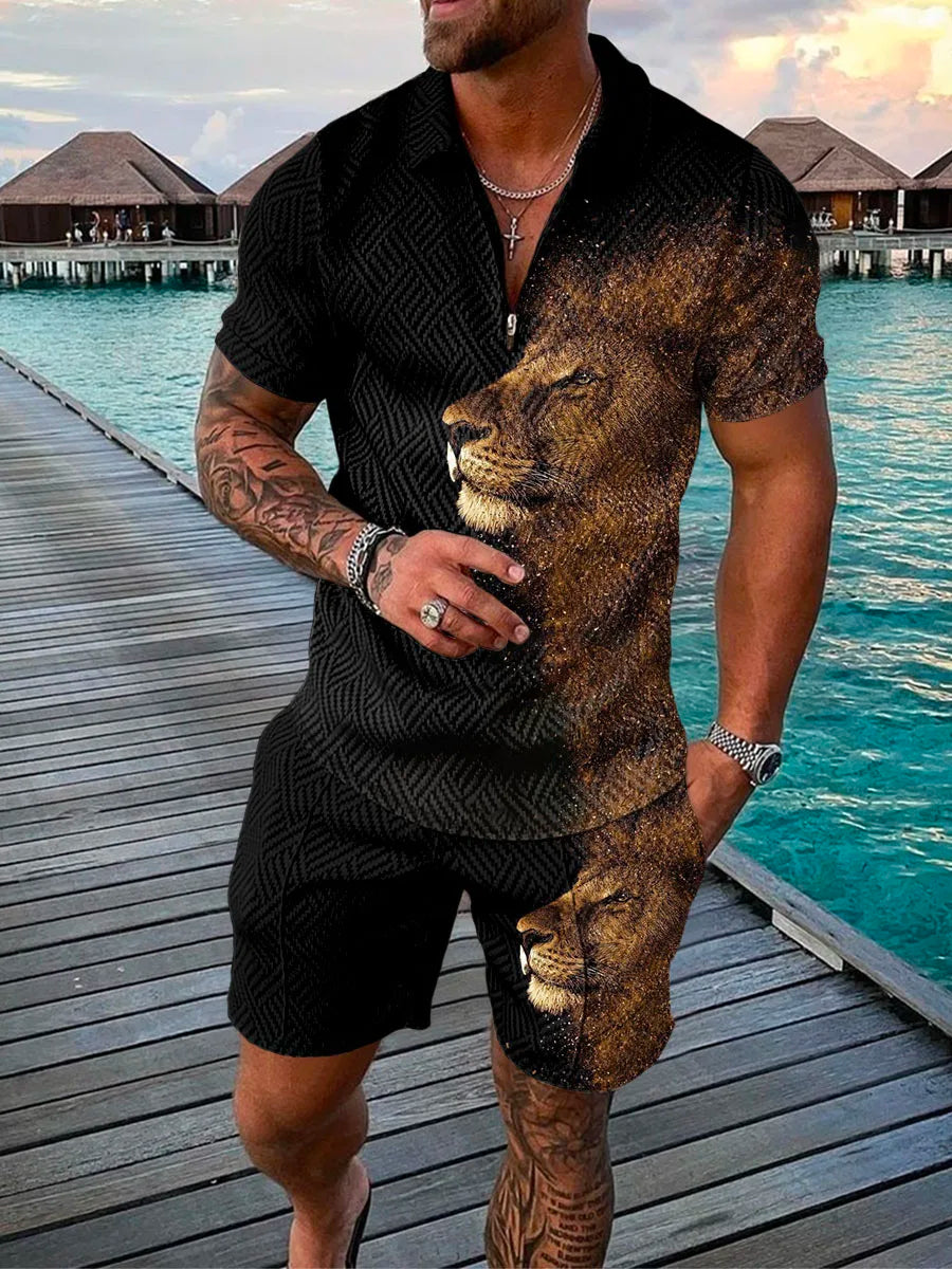 Men's Cotton Tracksuit Set - Solid Color Short Sleeve Zipper Polo + Shorts, Casual Streetwear 2-Piece Suit for Summer 2022