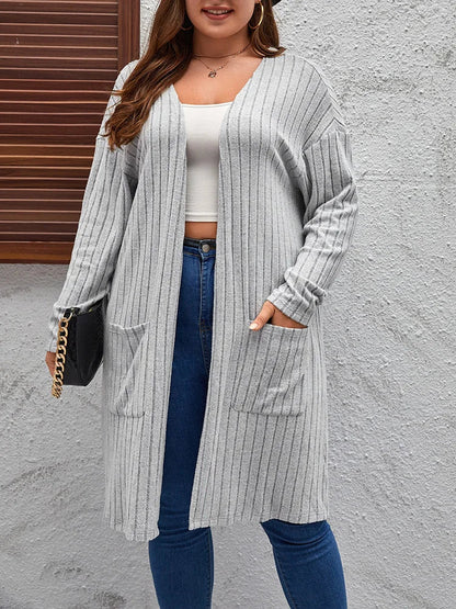GIBSIE Plus Size Solid Rib Knit Open-Front Cardigan for Women – Casual Mid-Length Long Sleeve Coat, Spring & Autumn