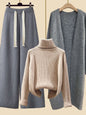 Cozy Autumn/Winter Knitwear Set for Women – Elegant Turtleneck Sweater, Long Cardigan Jacket & Wide-Leg Pants, 2023