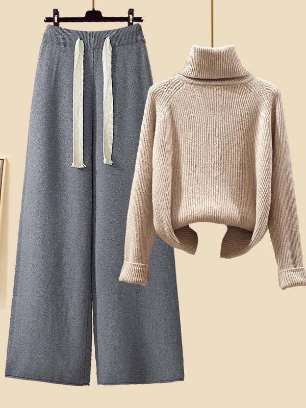 Cozy Autumn/Winter Knitwear Set for Women – Elegant Turtleneck Sweater, Long Cardigan Jacket & Wide-Leg Pants, 2023