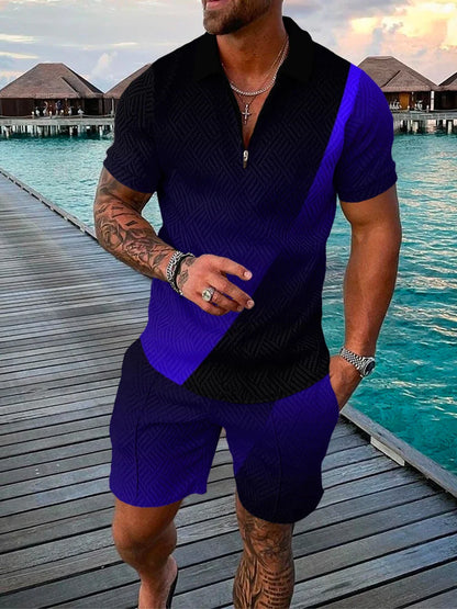 Men's Cotton Tracksuit Set - Solid Color Short Sleeve Zipper Polo + Shorts, Casual Streetwear 2-Piece Suit for Summer 2022