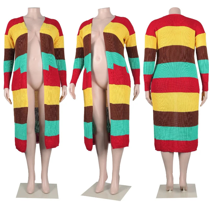 Plus Size Patchwork Knit Open-Stitch Maxi Jumper Sweater - Ribbed Long-Sleeve Cardigan for Women (Autumn & Winter Fashion)