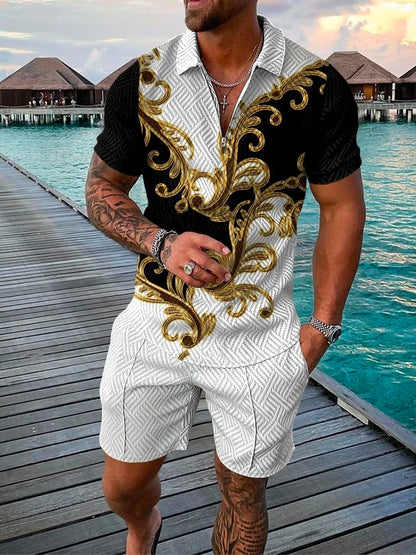 Men's Cotton Tracksuit Set - Solid Color Short Sleeve Zipper Polo + Shorts, Casual Streetwear 2-Piece Suit for Summer 2022