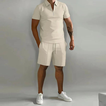 Summer New Solid-Color Men's Set – High-Street Polo Collar Short-Sleeve Zip-Front Pullover with Elastic Waist & Pockets, Y2K Shorts