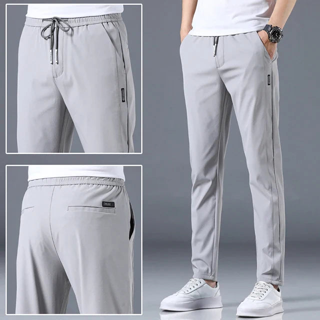 Ice Silk Men's Pants - 2024 Summer Collection: Lightweight, Breathable, Elastic Waist, Black/Gray, Thin, Business-Casual Outdoor Straight-Leg Sweatpants