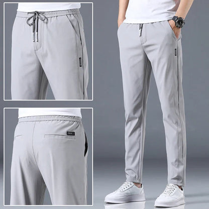Ice Silk Men's Pants - 2024 Summer Collection: Lightweight, Breathable, Elastic Waist, Black/Gray, Thin, Business-Casual Outdoor Straight-Leg Sweatpants