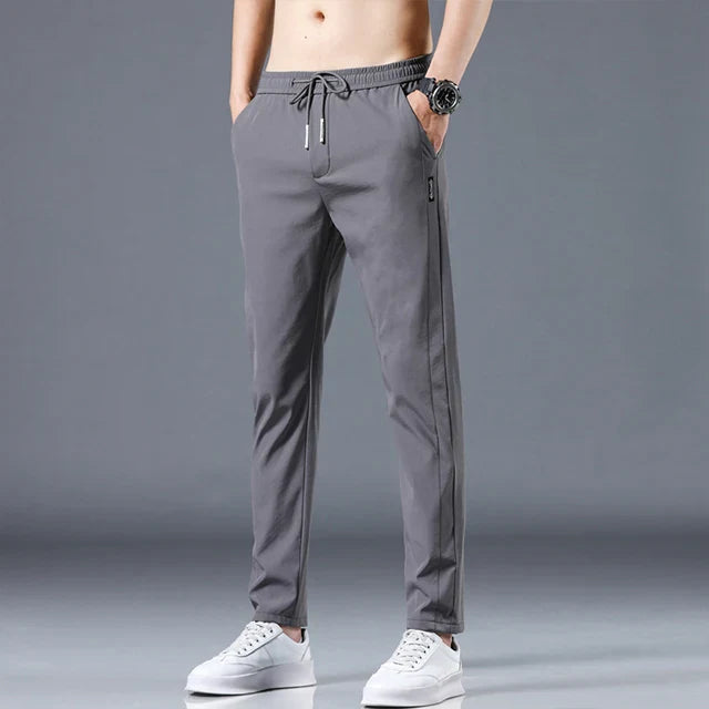 Ice Silk Men's Pants - 2024 Summer Collection: Lightweight, Breathable, Elastic Waist, Black/Gray, Thin, Business-Casual Outdoor Straight-Leg Sweatpants