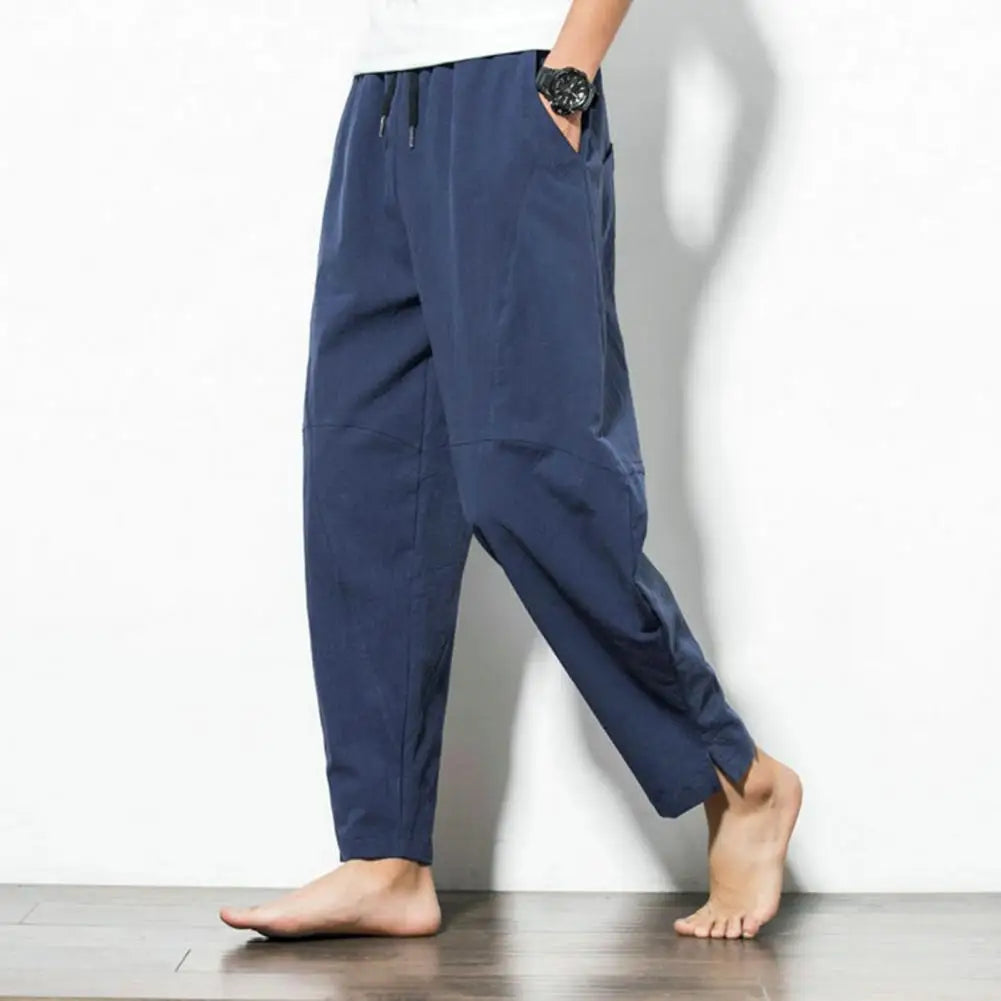 Men's Cotton-Linen Harem Pants - Loose, Casual Fit, Solid Color Trousers, Chinese Style