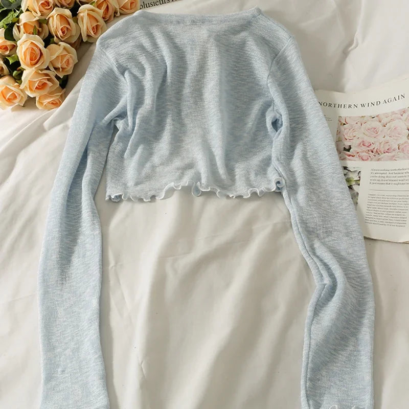 Women's Frenum Cardigan Blouses & Tops — Bow Lace-Up Long Sleeve Crop Top, Elegant Thin Aesthetic Shirt, Korean Style