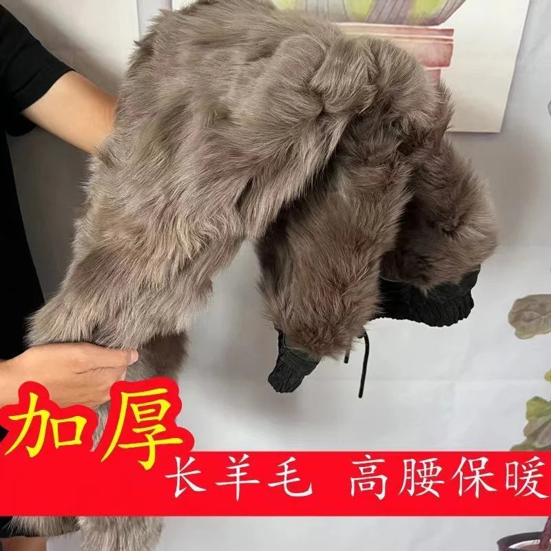 Pure Sheepskin Leather Pants with Thick Plush Lining - High-Waist Winter Trousers for Men and Women, Classic Style