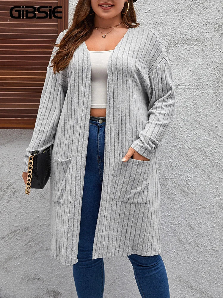 GIBSIE Plus Size Solid Rib Knit Open-Front Cardigan for Women – Casual Mid-Length Long Sleeve Coat, Spring & Autumn