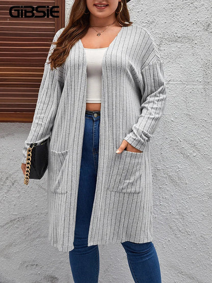 GIBSIE Plus Size Solid Rib Knit Open-Front Cardigan for Women – Casual Mid-Length Long Sleeve Coat, Spring & Autumn