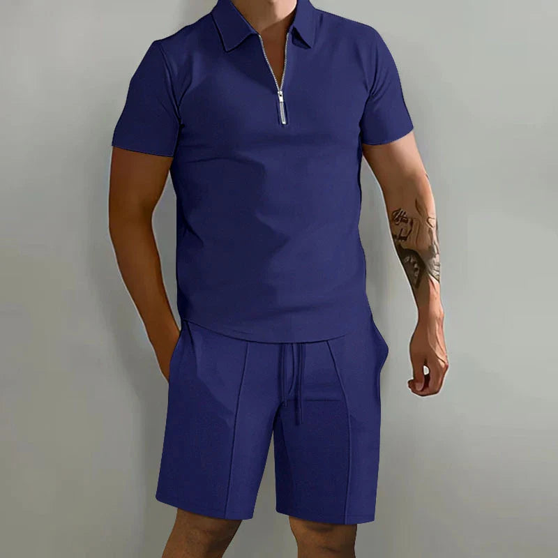Summer New Solid-Color Men's Set – High-Street Polo Collar Short-Sleeve Zip-Front Pullover with Elastic Waist & Pockets, Y2K Shorts