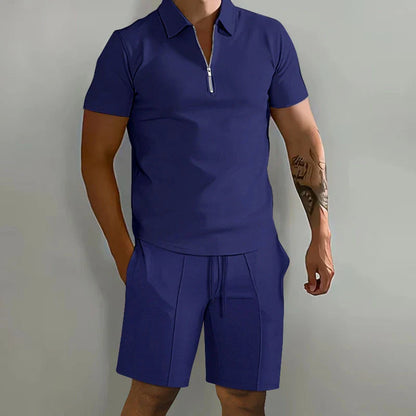 Summer New Solid-Color Men's Set – High-Street Polo Collar Short-Sleeve Zip-Front Pullover with Elastic Waist & Pockets, Y2K Shorts