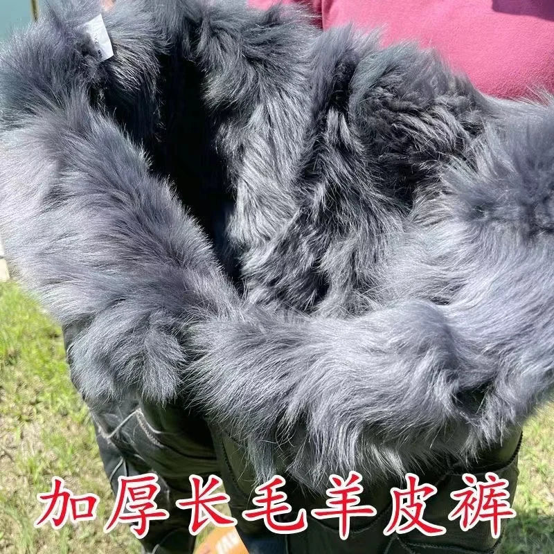 Pure Sheepskin Leather Pants with Thick Plush Lining - High-Waist Winter Trousers for Men and Women, Classic Style