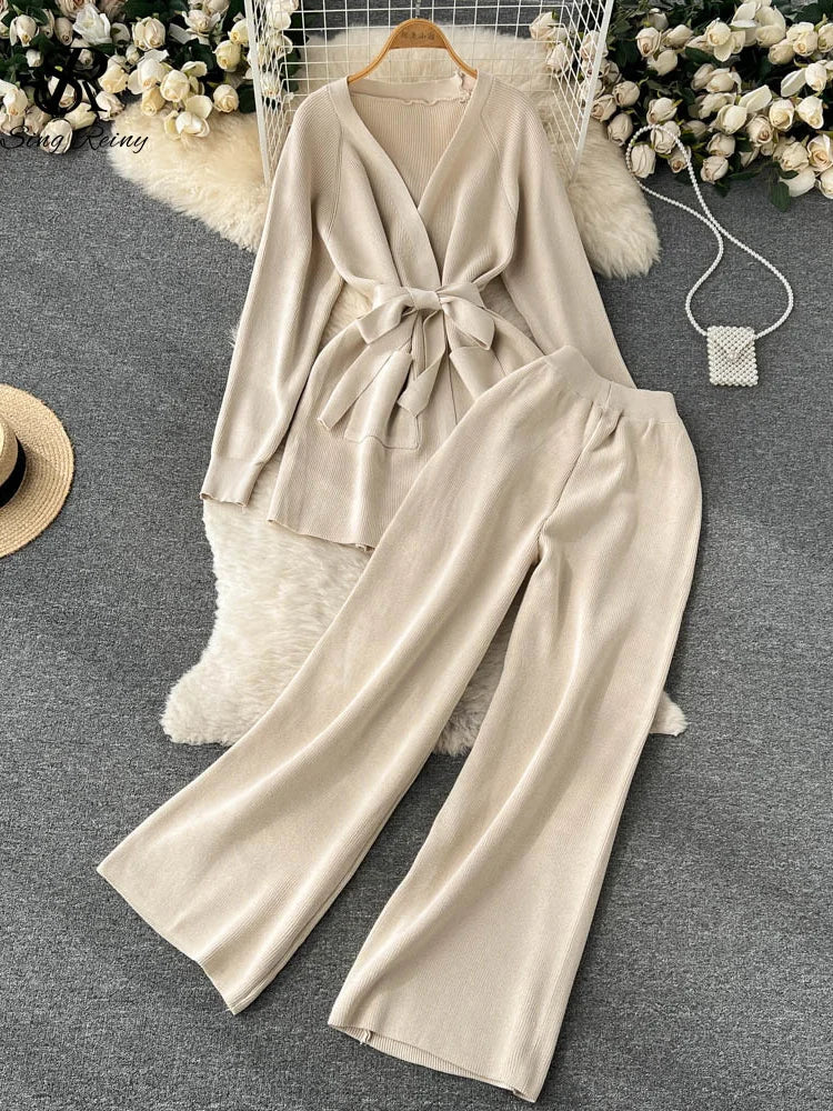 SINGREINY Winter Casual Knit Two-Piece Set: Long-Sleeve Cardigan Coat + Elastic-Waist Wide-Leg Pants, Women's Loose Sweater Set