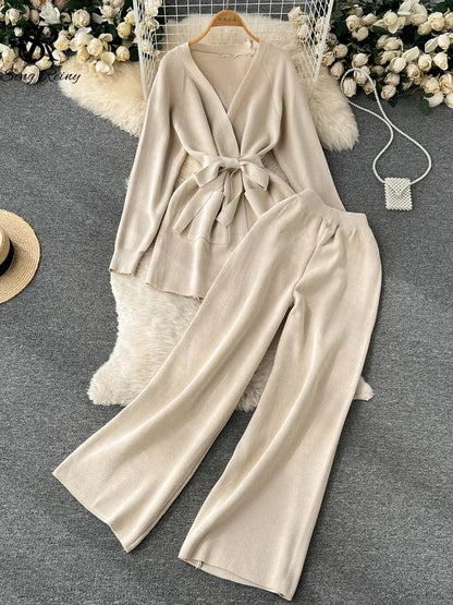SINGREINY Winter Casual Knit Two-Piece Set: Long-Sleeve Cardigan Coat + Elastic-Waist Wide-Leg Pants, Women's Loose Sweater Set