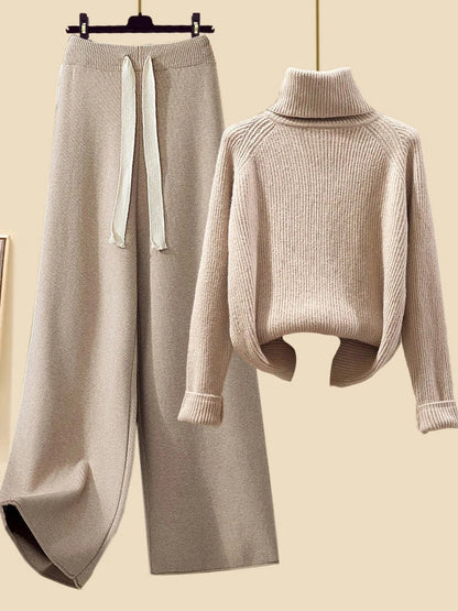 Cozy Autumn/Winter Knitwear Set for Women – Elegant Turtleneck Sweater, Long Cardigan Jacket & Wide-Leg Pants, 2023