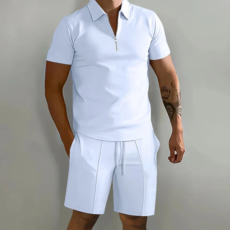 Summer New Solid-Color Men's Set – High-Street Polo Collar Short-Sleeve Zip-Front Pullover with Elastic Waist & Pockets, Y2K Shorts