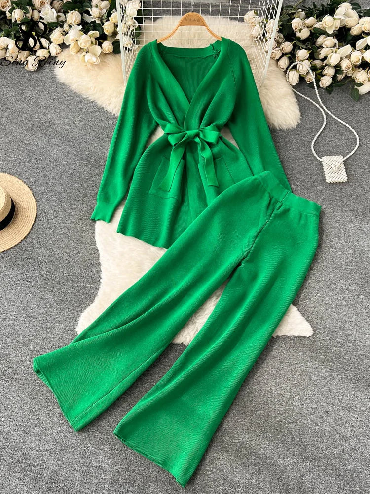 SINGREINY Winter Casual Knit Two-Piece Set: Long-Sleeve Cardigan Coat + Elastic-Waist Wide-Leg Pants, Women's Loose Sweater Set