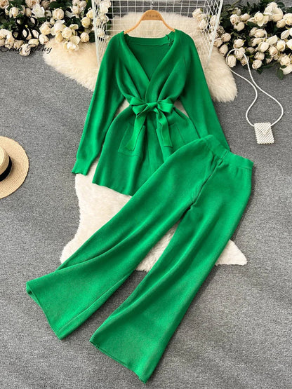 SINGREINY Winter Casual Knit Two-Piece Set: Long-Sleeve Cardigan Coat + Elastic-Waist Wide-Leg Pants, Women's Loose Sweater Set