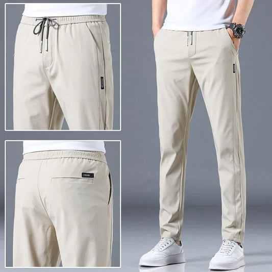 Ice Silk Men's Pants - 2024 Summer Collection: Lightweight, Breathable, Elastic Waist, Black/Gray, Thin, Business-Casual Outdoor Straight-Leg Sweatpants