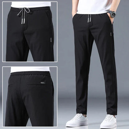 Ice Silk Men's Pants - 2024 Summer Collection: Lightweight, Breathable, Elastic Waist, Black/Gray, Thin, Business-Casual Outdoor Straight-Leg Sweatpants