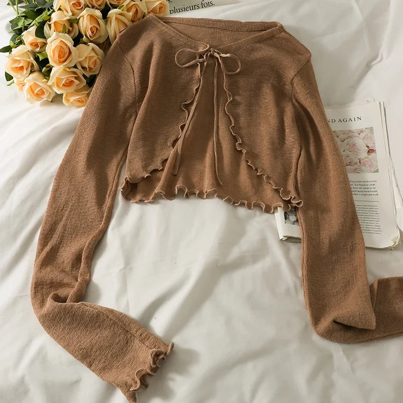Women's Frenum Cardigan Blouses & Tops — Bow Lace-Up Long Sleeve Crop Top, Elegant Thin Aesthetic Shirt, Korean Style