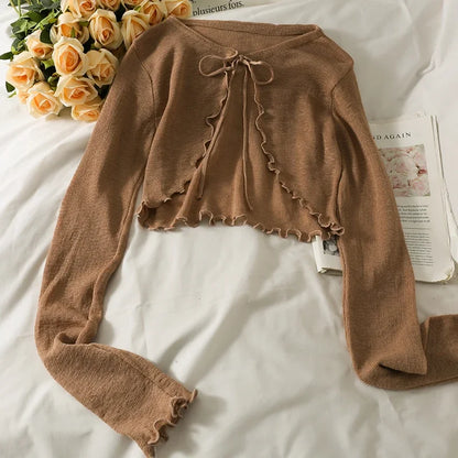 Women's Frenum Cardigan Blouses & Tops — Bow Lace-Up Long Sleeve Crop Top, Elegant Thin Aesthetic Shirt, Korean Style